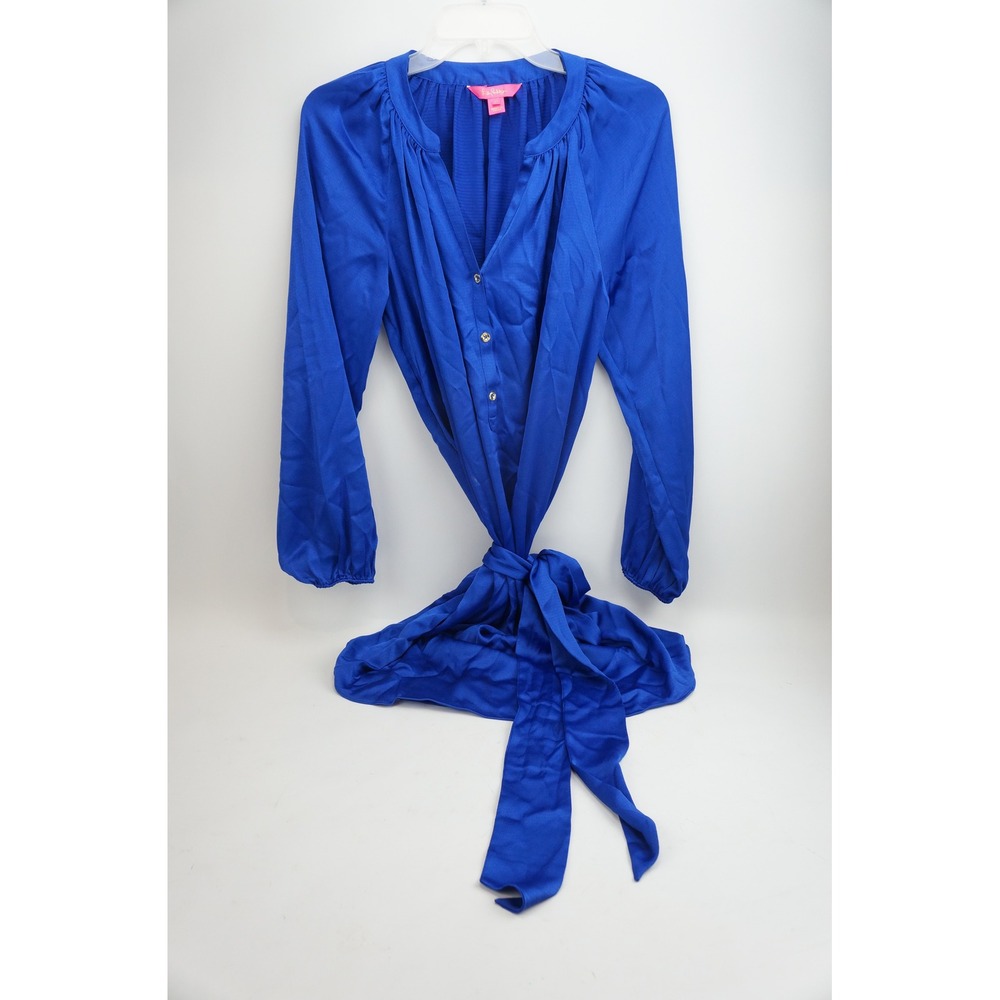 Lilly Pulitzer Saige Dress Size M Blue Long Sleeve Button Front Belted Excellent